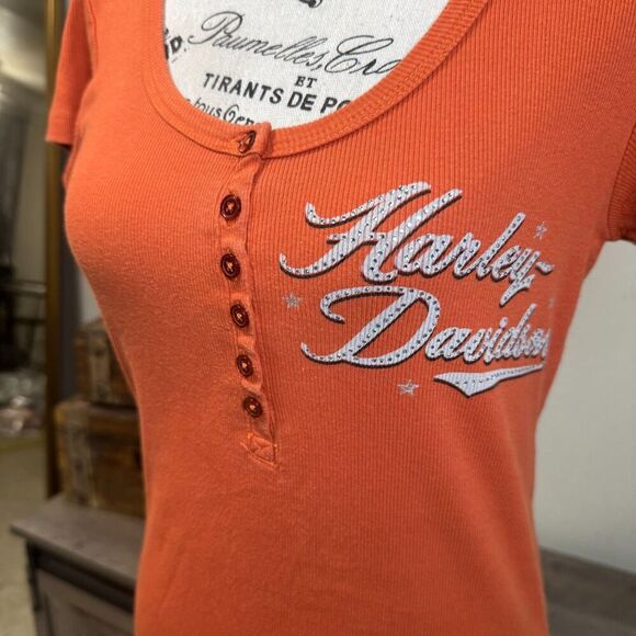 Harley Davidson Y2K Orange Henley Short Sleeve Tee Size S Embellished Biker - Picture 3 of 7